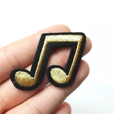 Double Musical Beam Note Patch Iron-On/Sew-On Embroidered Motif Black & Gold • $2.94