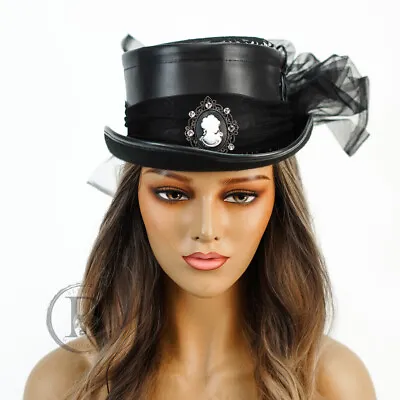 Black Steampunk Hat Victorian Tea Party Tall Hat Venetian Hat With Veil • $32.95