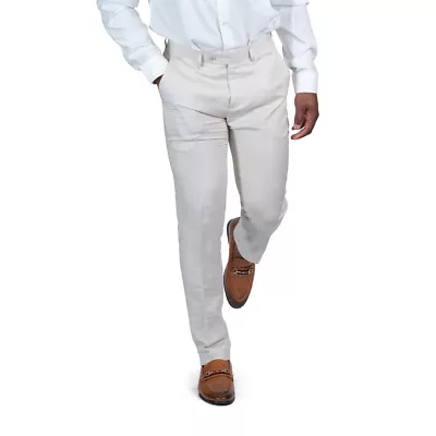 Slim Fit Men's Tan Linen Pants Flat Front Pants Fitted Formal By AZAR MAN NEW • $39.95