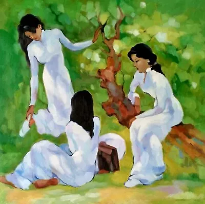 Three Vietnamese Women-Hand Painted Landscape Oil Painting Art Deco Large Size • $58