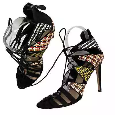 ZARA Basic Womens EUR 41 US 10 Lace Up Heels Black Aztec Woven Stilettos Sandals • $24.99