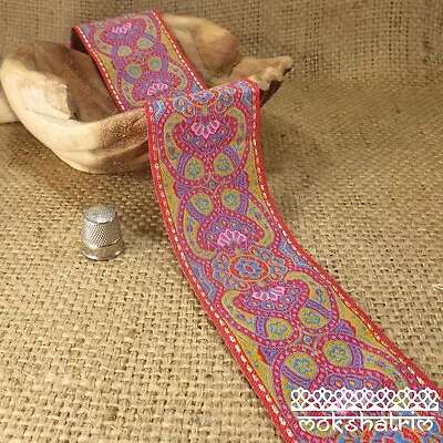 £3 • Buy Asian Indian Cerise Baroque Paisley Gold Jacquard Ribbon Dog Collar MA162