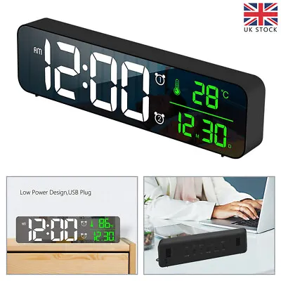 Digital Alarm Clock LED Mirror Display Temperature Date Bedside Wall Clock UK • £19.99