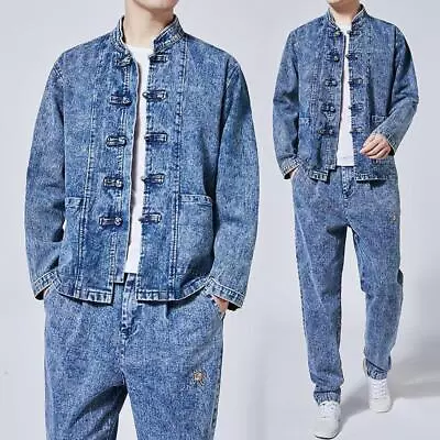 2Pc Set Autumn Men Chinese Tang Suit Washed Denim Top Jacket Cotton Coat Pants • $58.49