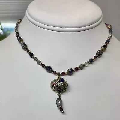 Michal Golan Necklace Brass Tone Pendant Flower Crystal Beaded Multi Color Stone • $29