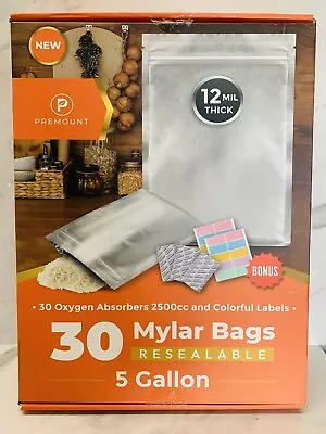 30 Pcs 5 Gallon Mylar Bags For Food Storage 12 Mil With Oxygen Abs Premount XL • $69.99