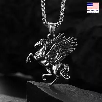 Men Stainless Steel Chain Necklace Retro Fairytale Wings Pegasus Pendant 1462 • $6.99