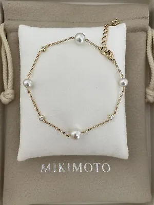 Mikimoto Akoya Cultured Pearl And Diamond Station Bracelet In 18K Yellow Gold 7” • $1850