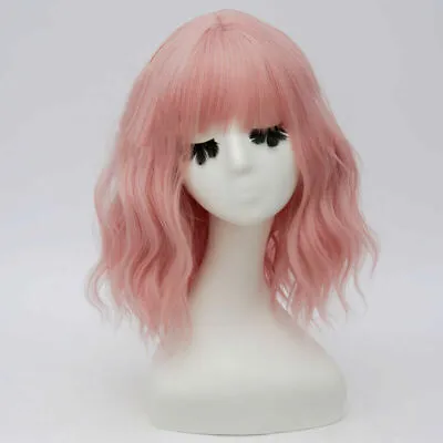 Lolita Light Pink Curly 35CM Medium Women Bangs Hair Cosplay Wig Halloween • £17.99