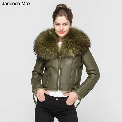 Women Real Leather Jackets Large Fur Collar Coats Fur Lined Winter Luxury 37009 • $382.94