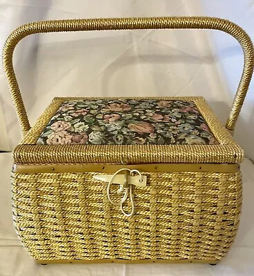Vintage Sewing Basket Gold And Floral. Resembles An AZAR Basket No Tags. Nice! • $24.50