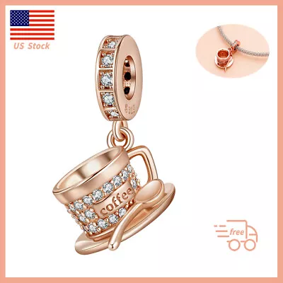 Real 925 Sterling Silver Charm For Bracelet Necklace Coffee Cup Rose Gold Charm • $19.99