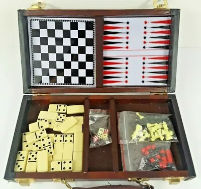 Vintage Faux Leather Travel Magnetic Chess Backgammon & Dominoes Game Set • $9.95