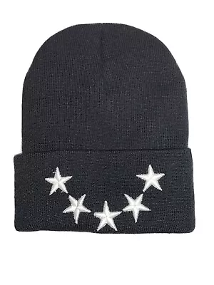 New Black 5 Stars 12” Winter Cuff Beanie Hat Cap One Sz Authentic Embroidered • $14.45