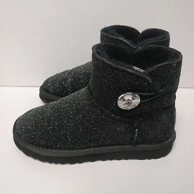 UGG Mini Bailey Button Bling Swarovski Crystal Women's Sz 5 SheepSkin Boots BLK • $29.42