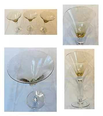 VINTAGE Martini Glasses 8 Oz. BLOWN Yellow GLASS Clear Bubble Stem 3-Piece Set • $28.88