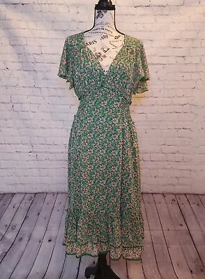 Max Studio Green Floral Flounce Midi Dress Size Large NWT • $39