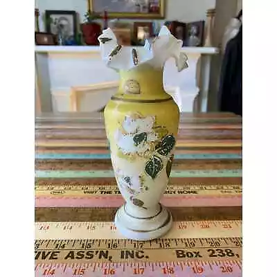 Antique Bristol Blown Glass Vase Ruffled Handpainted Floral As Is Some Wear • $19.99