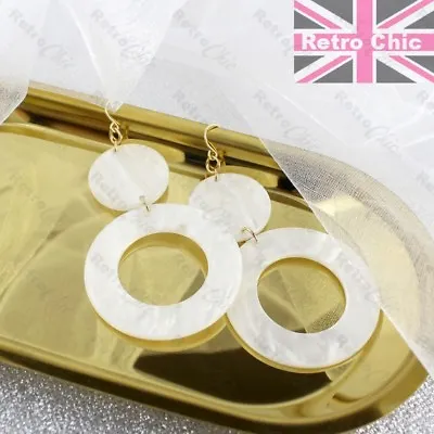 RETRO BIG 3 Long Lucite FAUX MOP SHELL EARRINGS Hoops WHITE CIRCLE Gold Plated • £3.50