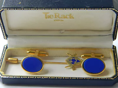 Vintage Men's Oval Blue Cufflinks & Blue Masonic Tie Pin W/Box Tie Rack London • $29.99