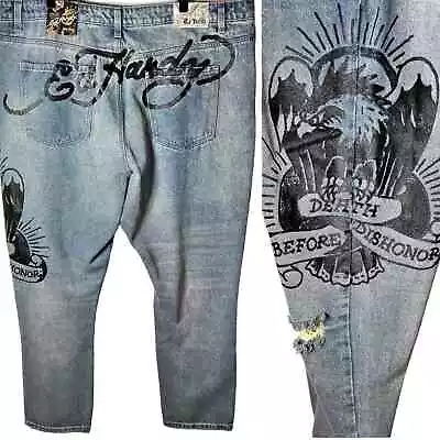 Ed Hardy Death Before Dishonor Distressed Graphic Slim Taper Denim 42x30 NWT • $77.12