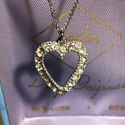Heart Necklace Man Made Diamonds Silver Tone Chain • $19.97