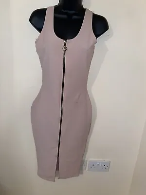 Nude Zip Front Stretch Midi Bodycon Dress Size Xs • £3