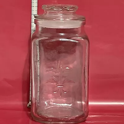 $10.80 • Buy Vintage Fleur De Lis Clear Glass Apothecary Jar Canister Farmhouse Lid VTG