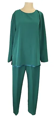 Vtg Maggie Shepherd Tunic Top Pants Set Green/blue Satin Trim Classic Sz.m Euc • $68.02