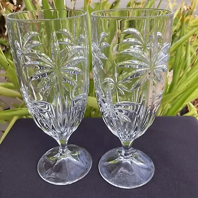 2 Vtg GODINGER SHANNON CRYSTAL SOUTH BEACH PALM TREE ICED TEA 13oz WATER GLASSES • $30.40