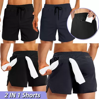 Men 2 In 1 Sports Training Running Shorts Bodybuilding Fitness Gym Workout Pants • $18.99