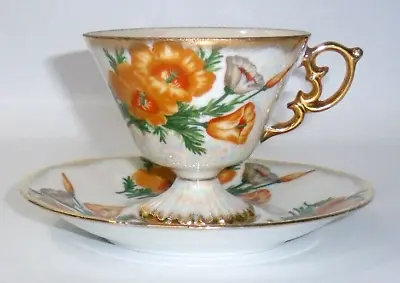 Ucagco Japan August Poppy Luster Floral Footed Tea Cup And Saucer Set 1950s • $31.20