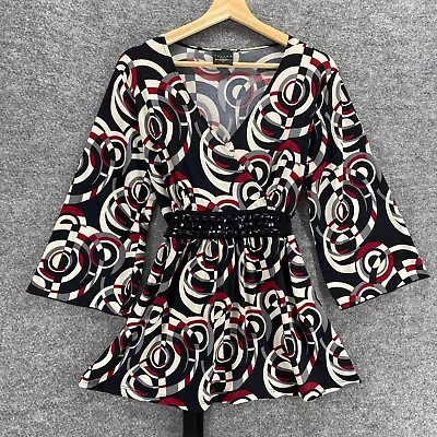 Tailor B. Moss Top Women S Black Red Embellished Belted 3/4 Flared Sleeve Blouse • $1.30