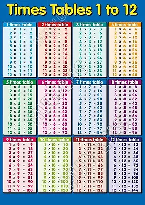 Times Tables A4 Wall Chart Poster Children Kids Education Multiplication Maths • £3.49