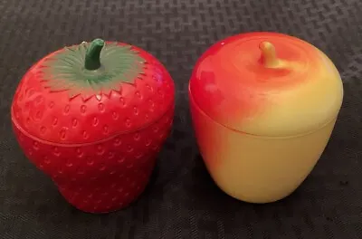 Hazel Atlas 4  Milk Glass Apple & Strawberry Lidded Jelly Jam Jar Vintage Set 2 • $15