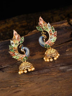 $20.99 • Buy Indian Earrings Gold Plated Peacock Bollywood Meenakari Jhumka Jhumki With Pearl