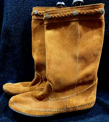 Minnetonka Leather Moccasin Boots Womens 7 Pull-on 12  High EUC Cinnamon Brown • $29.99