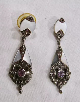 Vintage Antique 925 Sterling Silver Amethyst Art Deco Earrings For Repair • $12