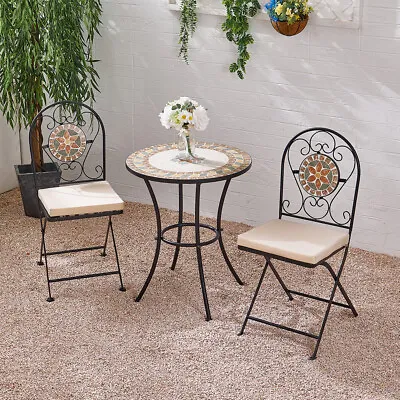 3pc Mosaic Tile Garden Bistro Set Outdoor Round Side Table With 2 Folding Chairs • £59.95