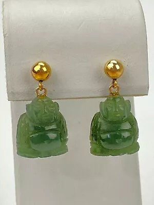Vintage 14k Gold Carved Green Jade Buddha Drop Pierced Earrings 1  Long ~6 Grams • $139.99