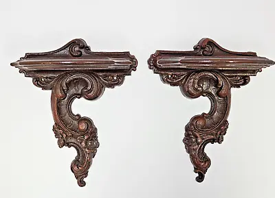 Pair Antique VTG Syroco Wood NY Mahogany Tone Ornate Wall Shelf Shelves Baroque • $65