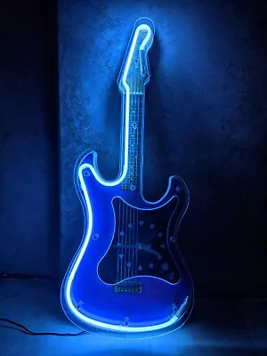 Retro Blue Neon Guitar Wall Clock Mancave Garage Light Lamp - Fully Working • $45.95