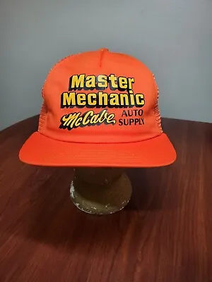 Vintage Master Mechanic Trucker Hat McCabe Auto Supply Orange Hunting Cap Tools • $29.28