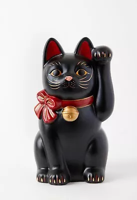 Japanese Hand Painted Lucky Cat SETO Maneki Neko Black Red Ribbon Ceramics Gift • $89.80