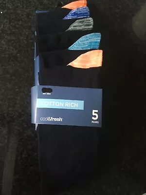 5 Prs High St M+S  Mens Navy Blue Socks Cool Fresh 9-12 Coloured Heel And Toe • £8.99