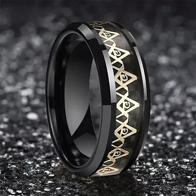 8MM Tungsten Carbide Ring Inlaid With Mason Freemason Pattern With Beveled Edges • $34.99