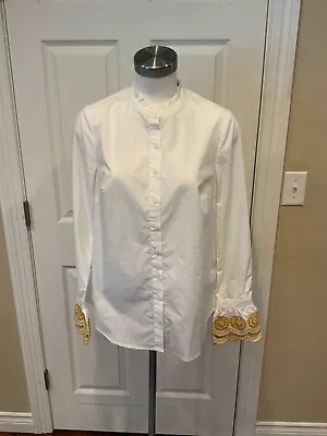 Boden White Button-Up Shirt W/ Ruffle Collar & Cuffs Size 6 (US) 10 (UK) • $30.38