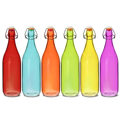 Coloured Glass Bottles Mixed 1ltr - Set Of 6 - Multicoloured Clip Top Bottles • £19.99