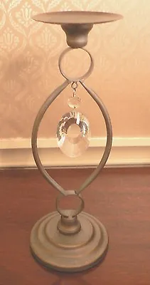 Large Pewter Color Brushed Silver Candle Holder With Hanging Crystals Bling • $33.77