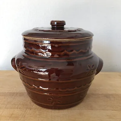Marcrest Stoneware Bean Pot Crock W Lid DAISY DOT Ovenproof Brown Vintage  • $32